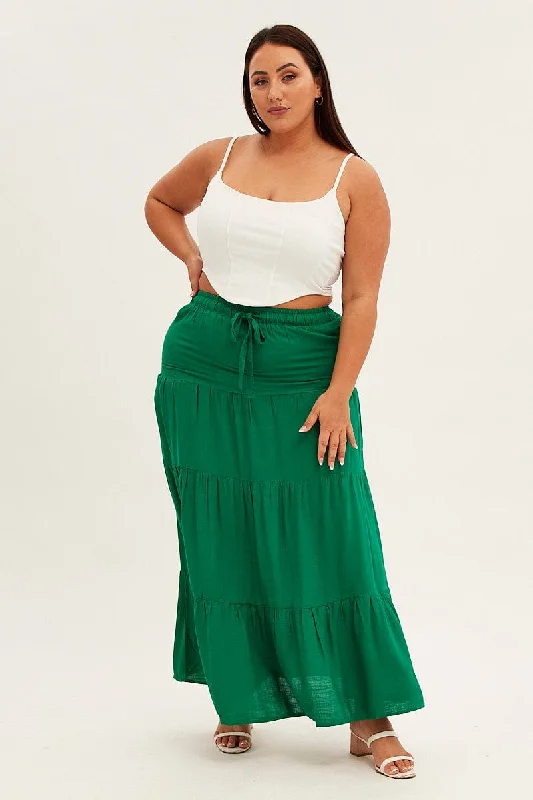 Leather Long Skirts for Luxury -Green Maxi Skirt High Waist Tiered