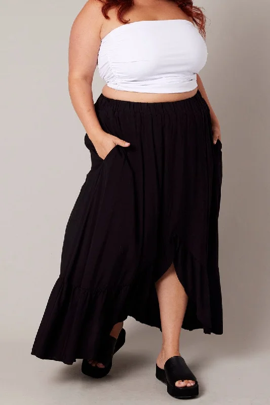 Long Skirts for Formal Occasions -Black Frill Maxi Skirt With Pockets