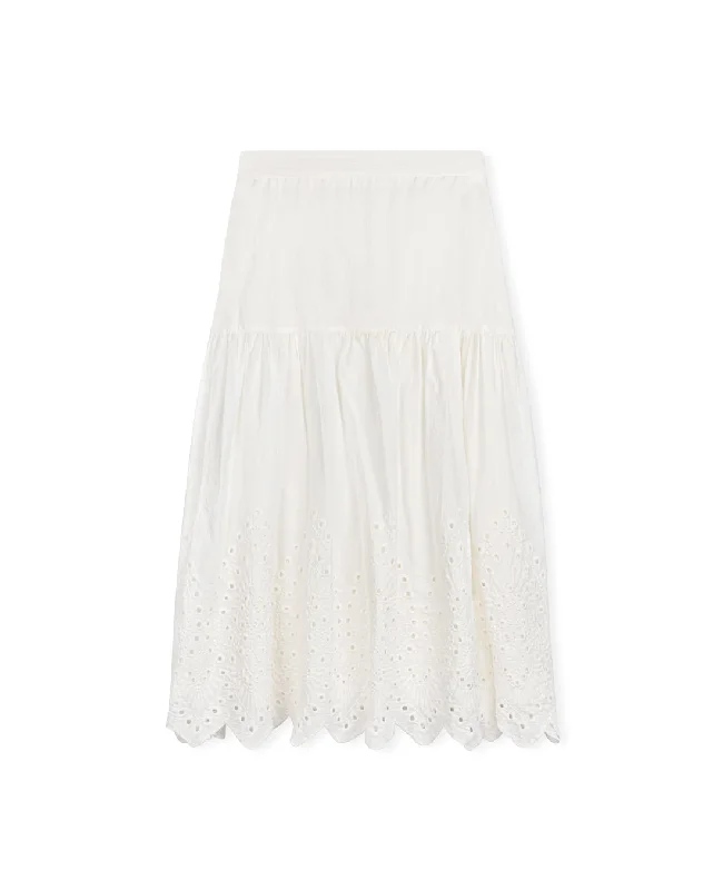 Long Skirts for Cultural Events -MALLORY AND MERLOT WHITE EYELET POPLIN SCALLOPED MIDI SKIRT [FINAL SALE]