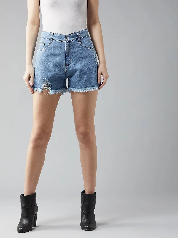 Pleated Shorts for Girly Touch -Women's Blue Relaxed Fit Highly Distressed Mid Rise Ripped Denim Shorts