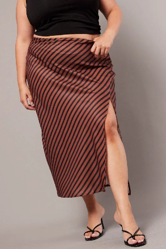 A-line Short Skirts for Flattering -Brown Stripe Stripe Split Midi Skirt