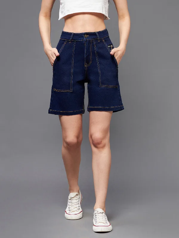 Gym Shorts for Workout Sessions -Women's Navy Blue Regular High rise Clean look Above Knee Stretchable Denim Shorts