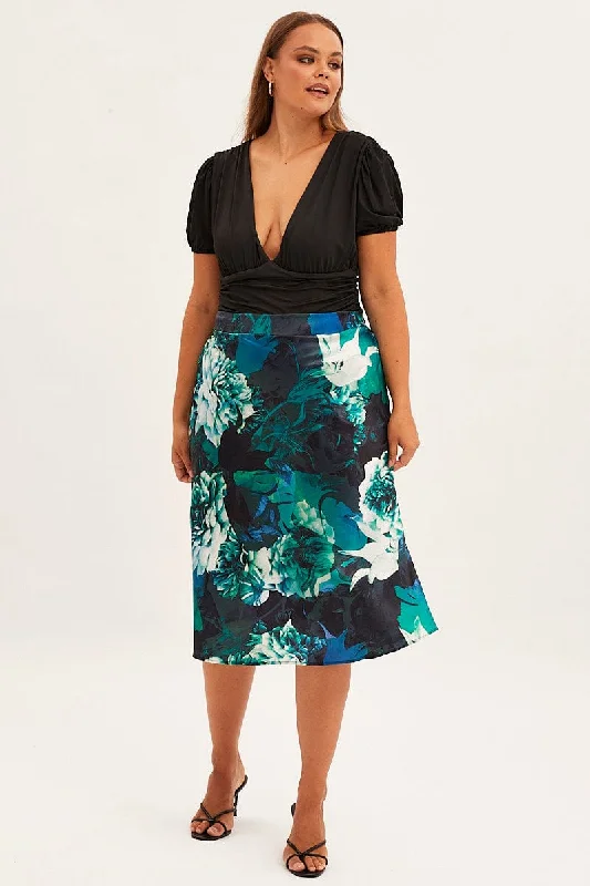 Indian Long Skirts with Intricacy -Abstract Print Slip Skirt Midi Satin