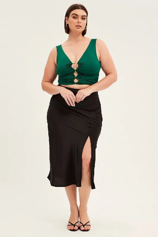 Wool Long Skirts for Warmth -Black Midi Skirt High Waist Split Satin