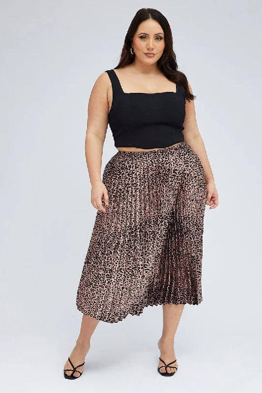 Layered Long Skirts for Volume -Brown Animal Print Pleated Skirt Leopard