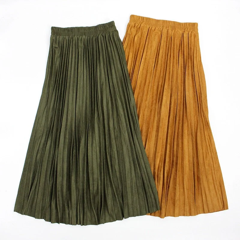 Bohemian Long Skirts with Tassels -Autumn Winter Women Long Skirt Jupe Longue Suede Pleated Skirts a Line Maxi Khaki Skirt Elastic Waist Jupe Plissee Femme