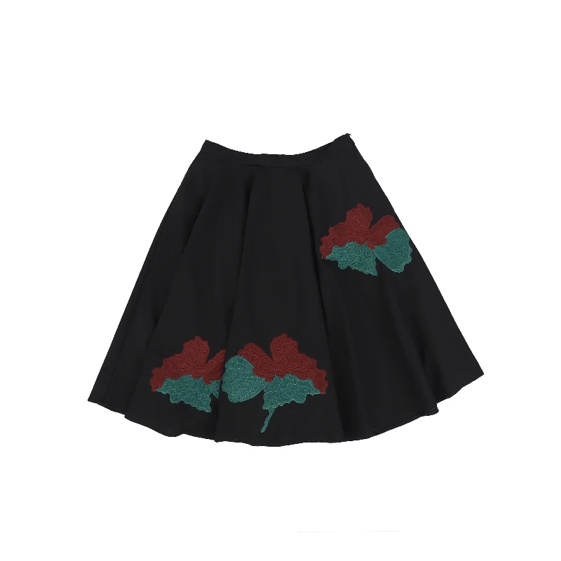 Red Long Skirts for Statement -TUSTELLO BLACK EMBROIDERED FLARE SKIRT [FINAL SALE]