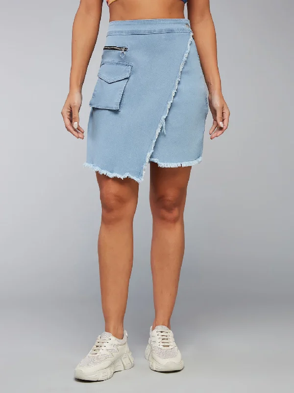 Green Skirts for Nature -Women's Light Blue Regular High rise Clean look Above Knee Stretchable Denim Skirt