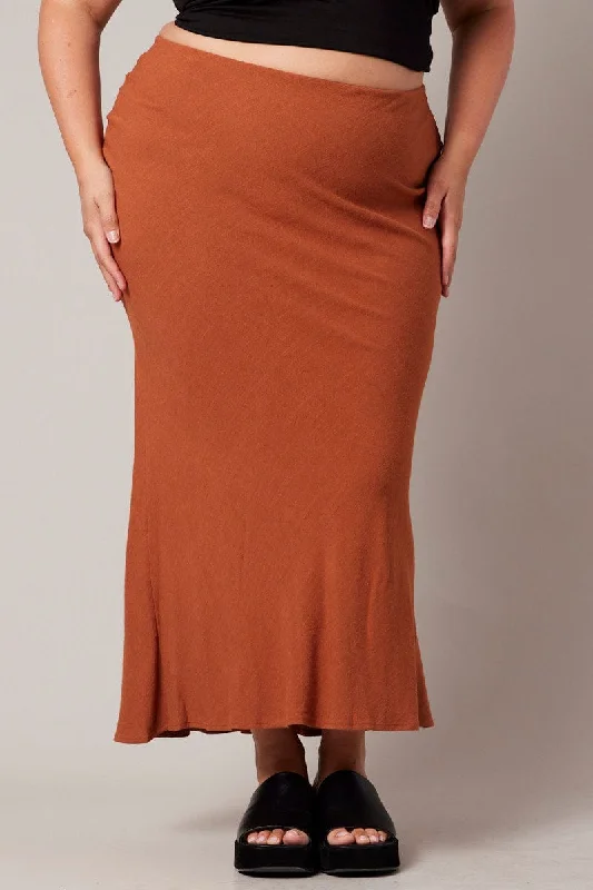 Long Skirts for Evening Galas -Brown Bias Linen Slip Maxi Skirt