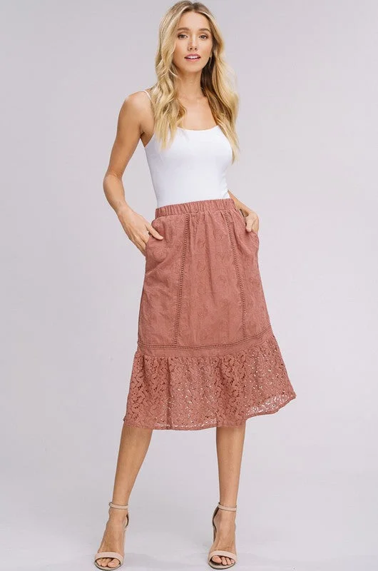 A-line Short Skirts for Flattering -Embroidered Roses & Lace Midi Skirt - Dried Rose