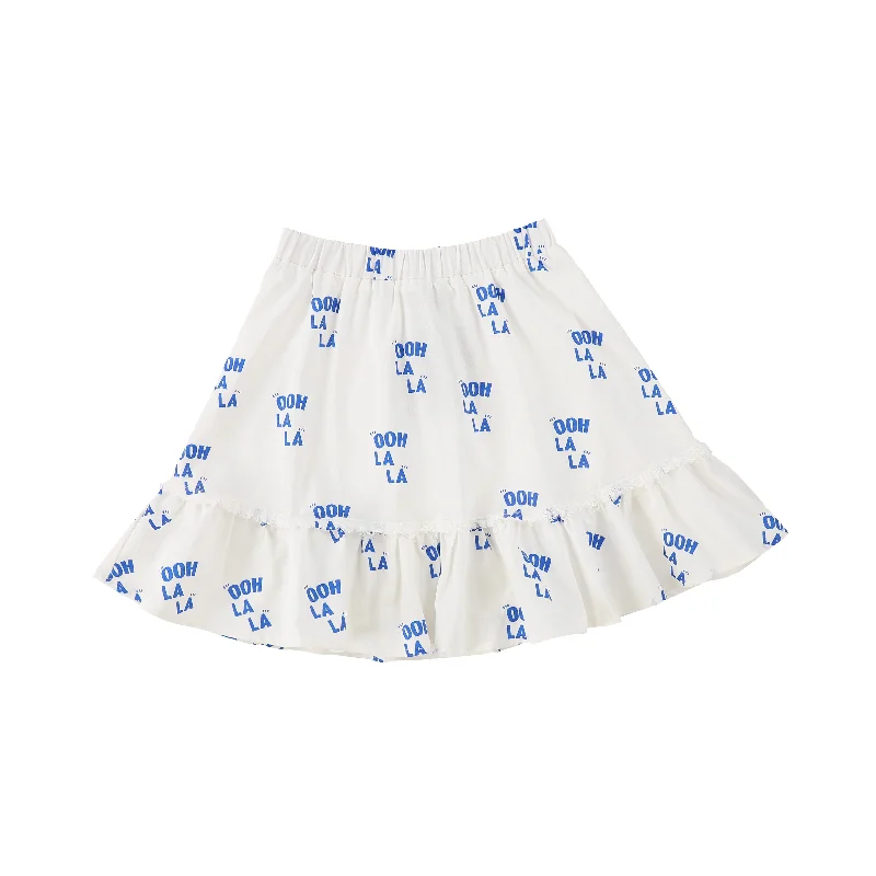 Low-waisted Long Skirts for Relaxed -BAMBOO BASICS BLUE LINEN GRAPHIC PRINT RUFFLE SKIRT [Final Sale]