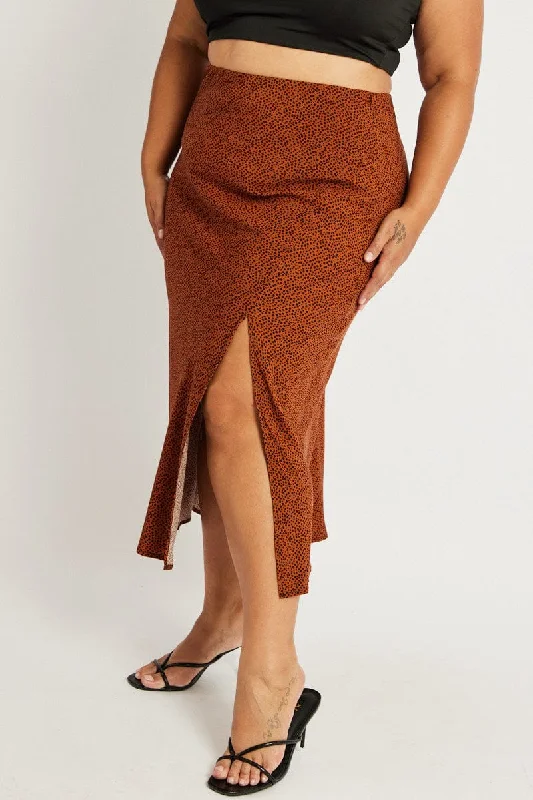 Long Skirts for Art Exhibitions -Brown Geo Spot Slip Skirt