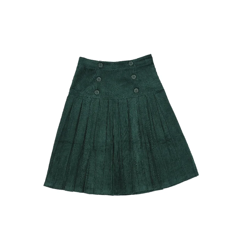 Cotton Long Skirts for Comfort -VIBE GREEN CORDUROY DROP PLEAT SKIRT [FINAL SALE]