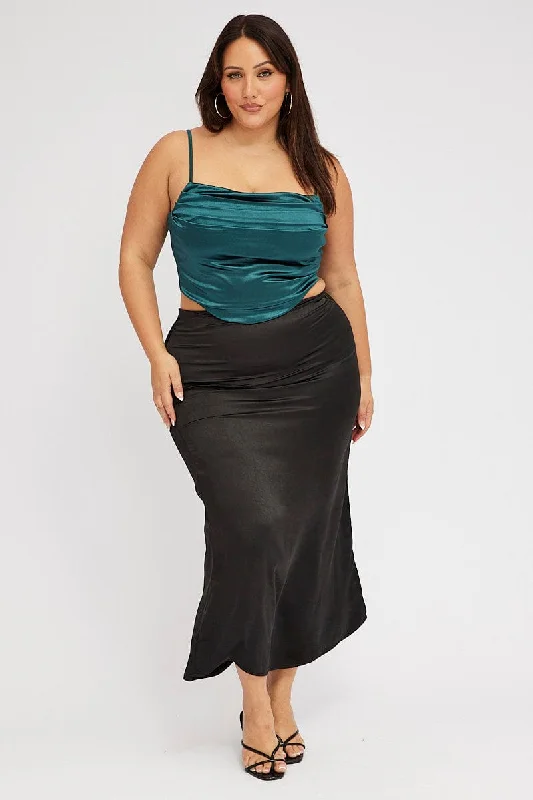 Long Skirts for Prom Night -Black Satin Split Maxi Skirt