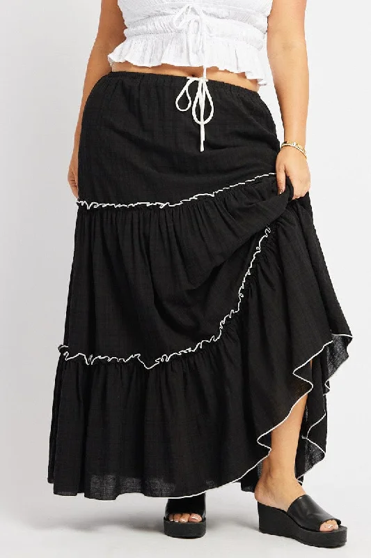 Polyester Short Skirts for Durable -Black Tier Contrast Tie Maxi Skirt