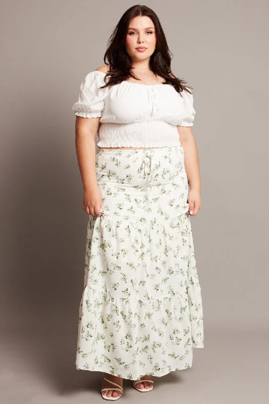 Flared Long Skirts for Drama -Green Ditsy Elastic Waist Maxi Skirt