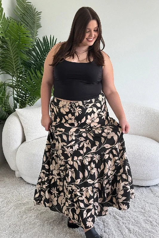 Printed Long Skirts with Patterns -Black Floral Elastic Waist Tiered Maxi Skirt