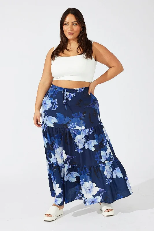 Purple Long Skirts for Royalty -Blue Floral Maxi Skirt Elastic Waist