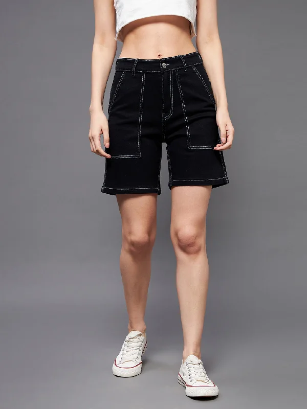 Beaded Skirts for Glamour -Women's Black Regular High Rise Above Knee Stretchable Denim Shorts