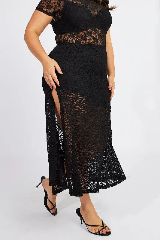 Long Skirts for Shopping Trips -Black Lace Maxi Skirt