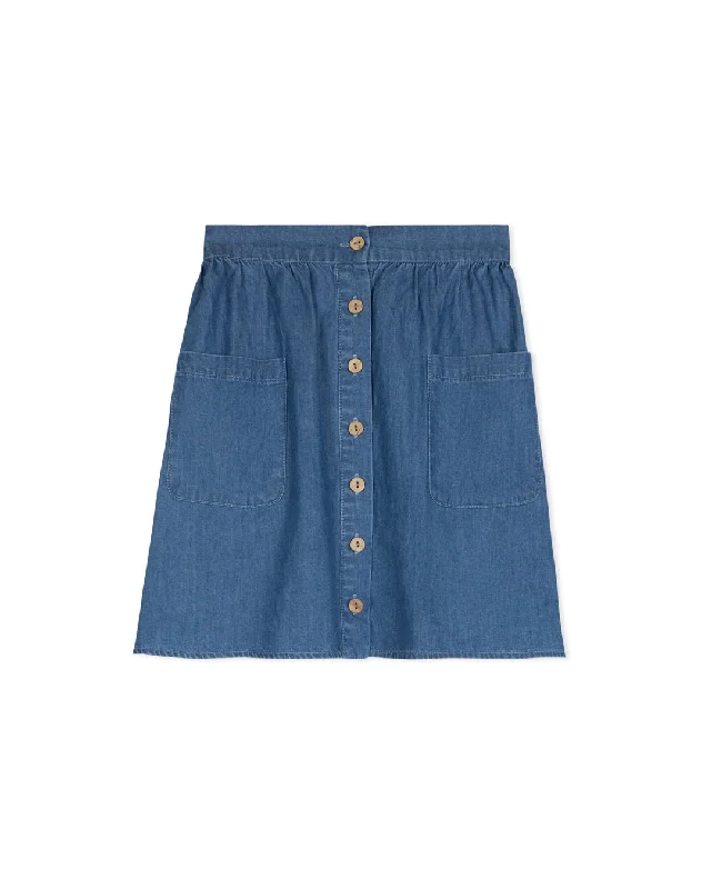 Polyester Long Skirts for Durable -CABANA DENIM CHAMBRAY BUTTON DOWN SKIRT [FINAL SALE]