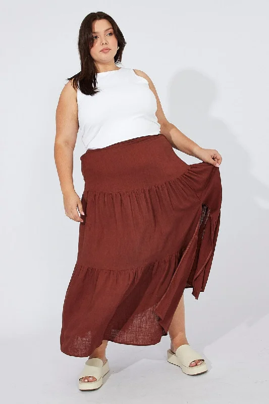 Abstract Long Skirts for Creative -Brown Maxi Skirt Linen Blend Split