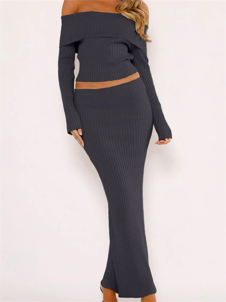 Wool Short Skirts for Warmth -JuliaFashion - Slash Neck Off Shoulder Long Sleeve Ribbed Knitted Tops Long Skirts Suits