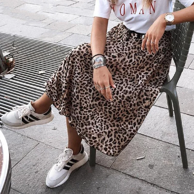 Cotton Short Skirts for Comfort -JuliaFashion - 2024 Women Leopard Print Pleated Skirts Drawstring Elastic Waist Midi Skirts