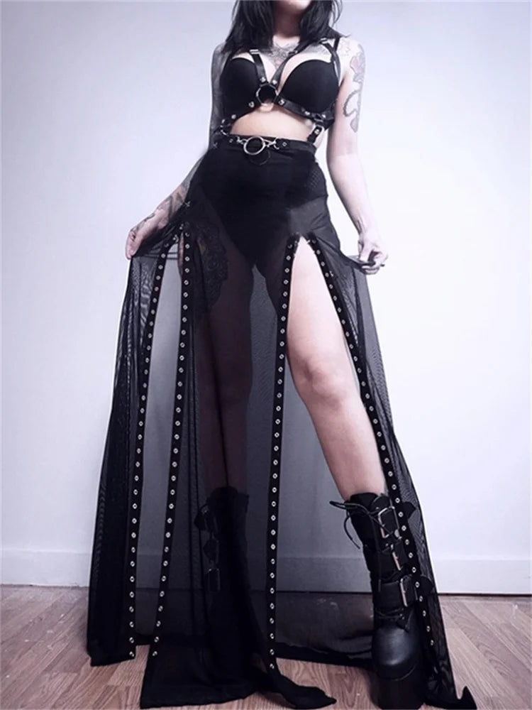 Long Skirts for Evening Galas -JuliaFashion - Y2K Gothic Blac Long Maxi Streetwear High Waist Mesh See Through Party Clubwear Button Skirts