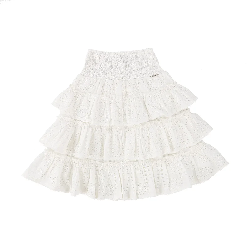 Flared Short Skirts for Flirty -TWINSET WHITE EYELET LACE SMOCKED TIERED SKIRT [Final Sale]