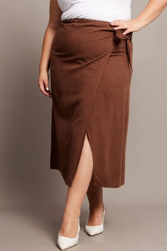 Long Skirts for Office Wear -Brown Faux Wrap Linen Blend Midi Skirt