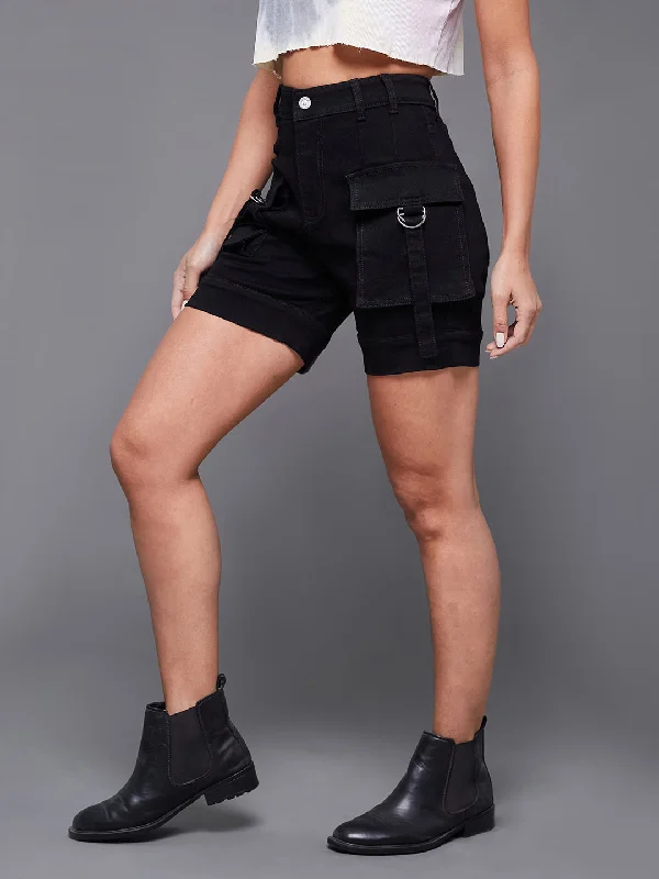 Black Skirts for Versatile -Women's Black Flared High Rise Stretchable Denim Shorts