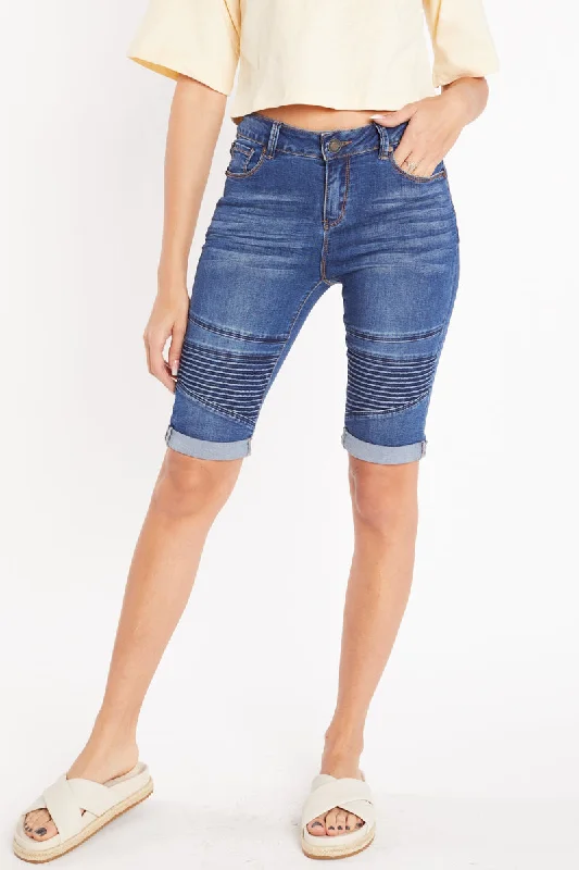 Polyester Skirts for Durable -Mid Rise 5 Pocket Bermuda Denim Shorts