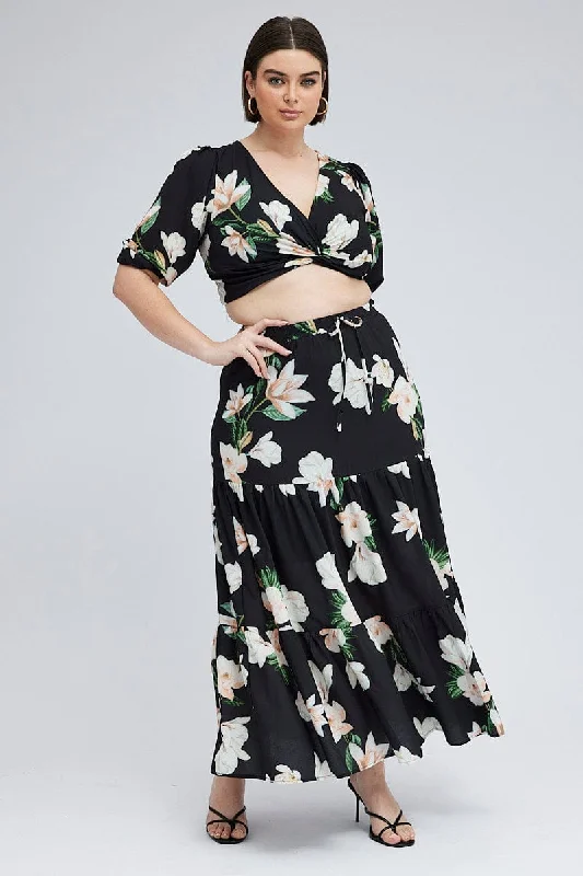 Long Skirts for Evening Galas -Black Floral Elastic Waist Maxi Skirt