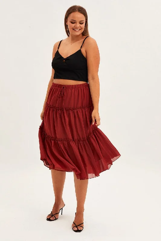 Denim Long Skirts for Casual -Brown Midi Skirt Elastic Waist Chiffon Frill