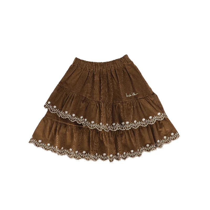 Long Skirts for Shopping Trips -NICOLE MILLER BROWN RUFFLE CORD TRIM SKIRT [FINAL SALE]