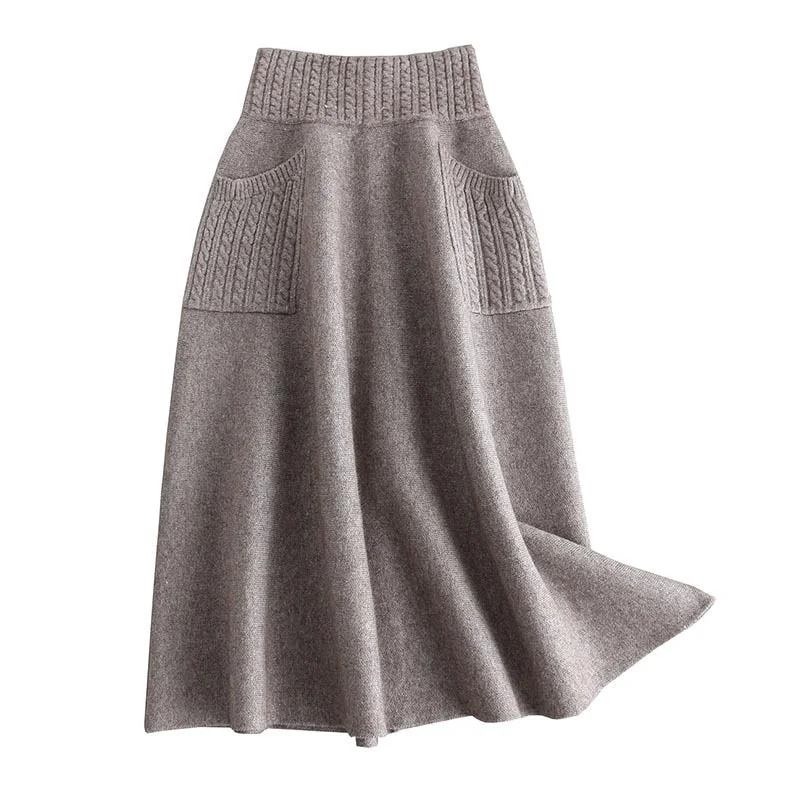 Long Skirts for Travel Adventures -Sherhure 2019 High Waist Women Winter Wool Knitting Long Skirts Faldas Jupe Femme Saia Vintage Women Black Skirt With Pocket