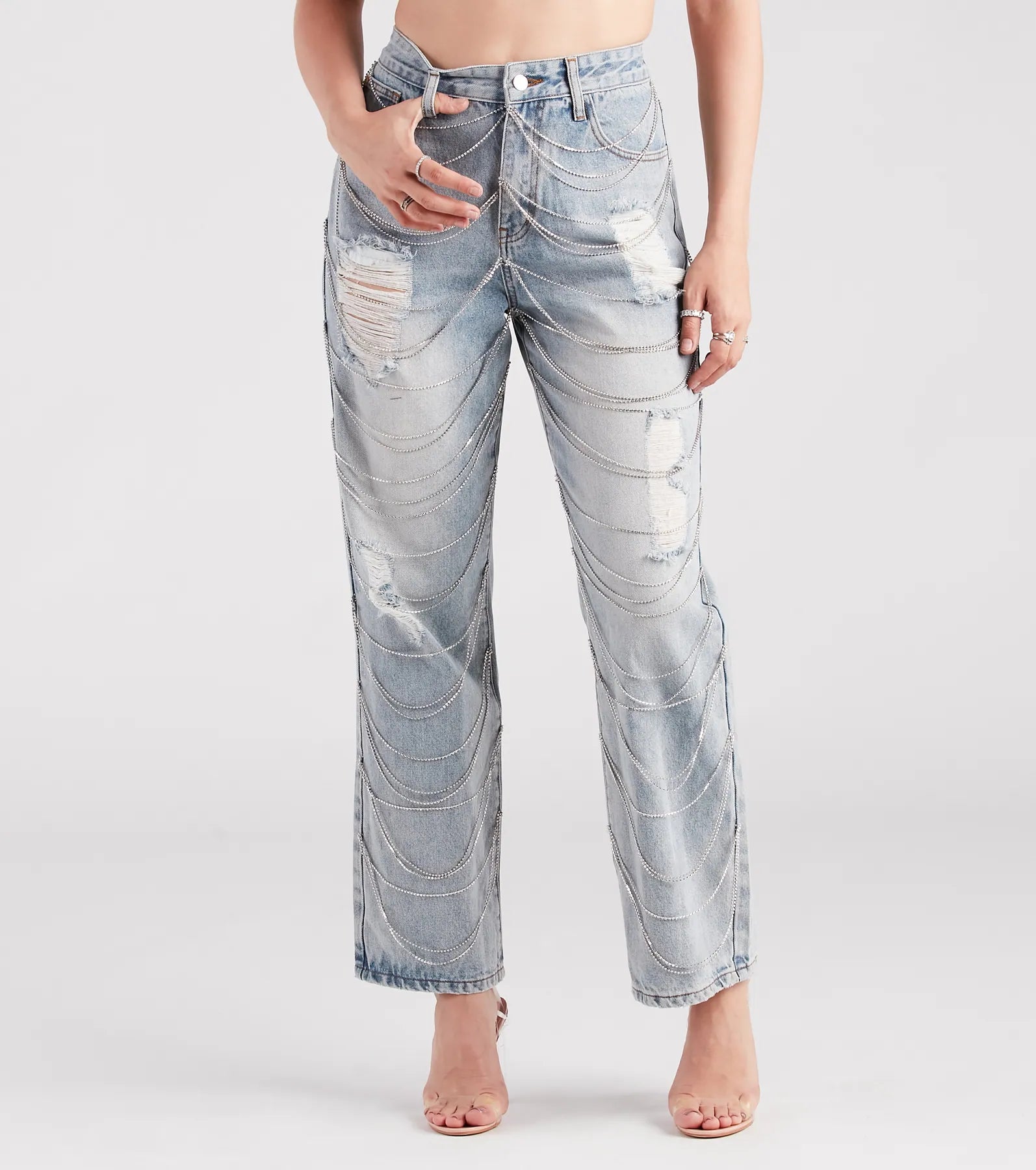 Father's Day Jeans for Present -Glitzy Icon Rhinestone Draped Straight-Leg Jeans